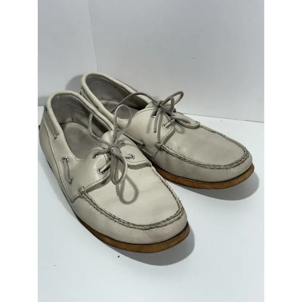 Vintage RHM Dockwear Mens Beige Leather Hand Sewed Shoe Sider‎ Docksider Sz 10.5